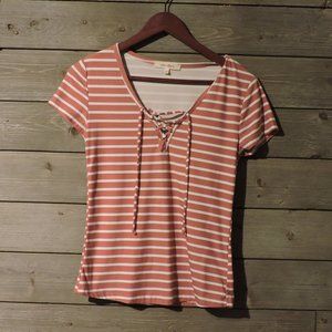 Wishful Park | Striped lace up fitted tee | Pink